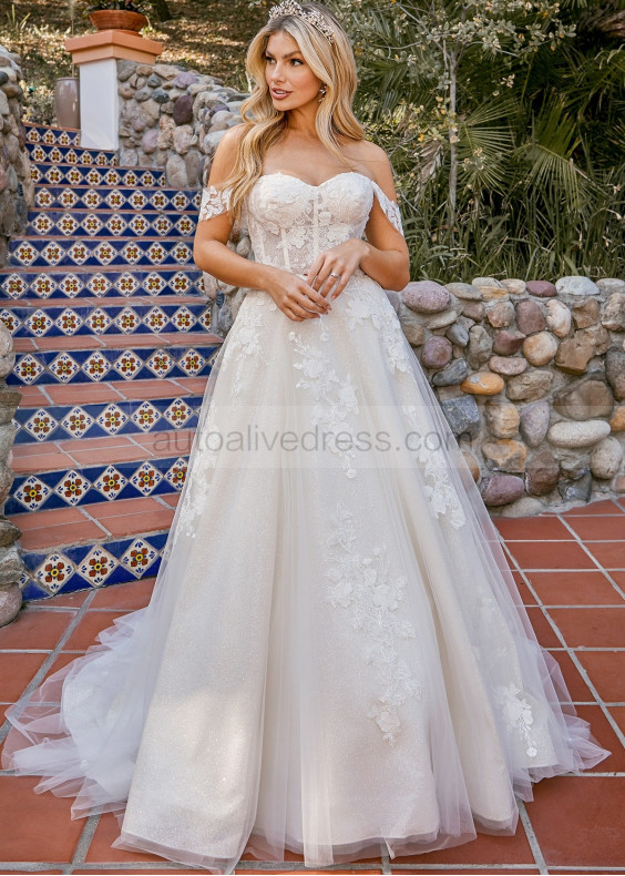 Beaded Ivory Lace Glitter Tulle Boho Princess Wedding Dress Beaded Ivory Lace Glitter Tulle Boho Princess Wedding Dress